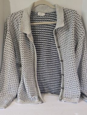 VTG 90s ALPS Gray & Navy Knit Button-Front Women's Sweater, Large